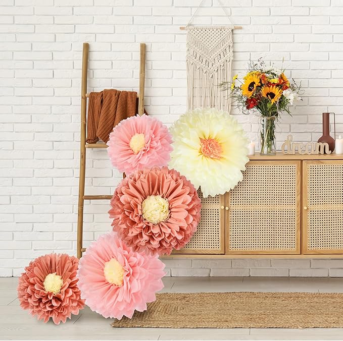 Chunful 5 Pcs 30'' 24'' Gaint Boho Tissue Paper Flowers Decoration Large Hanging Tissue Paper Pom Poms Decor for Boho Birthday Bachelorette Wedding Baby Shower Bridal Shower Party Decoration