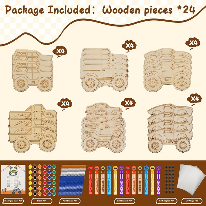 HandTool Monster Truck Party Favors, 24 PCS DIY Wooden Truck Painting Crafts Kit for Kids with Paints & Magnets, Bubble Wands, Cards and Gift Bags, Monster Truck Birthday Supplies Classroom Rewards