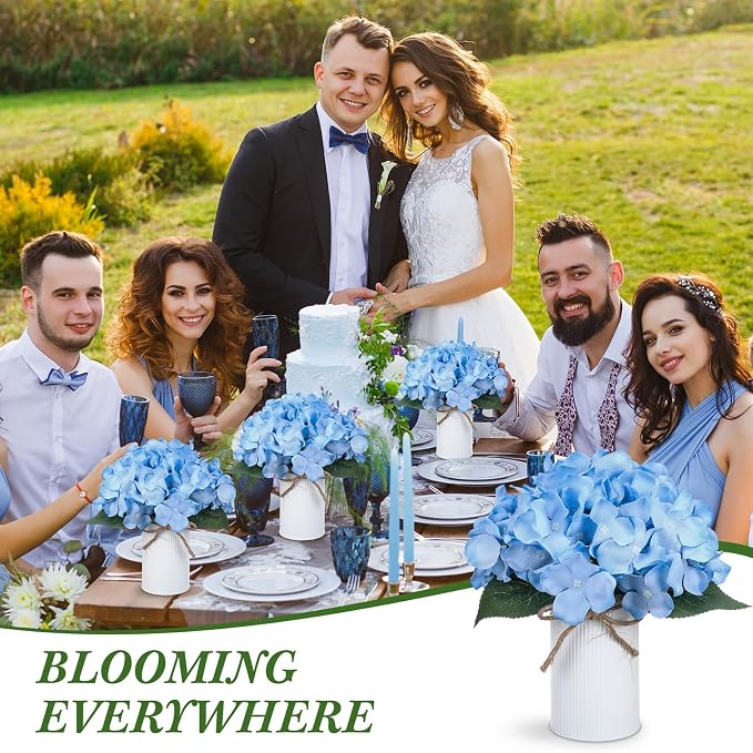 Zeyune Blue 12 Sets Wedding Flower Table Centerpieces Artificial Hydrangeas with Rustic Metal Vase Fake Hydrangea Flowers in Pot Floral Arrangement for Wedding Bridal Tea Party Table Home Decor