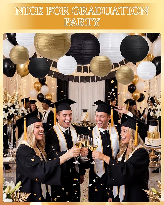 Treela 48 Pcs Paper Lanterns Party Decorations Chinese Round Paper Decor 4/6/8/10 Inch Asian Hanging Lamps Decorative for Graduate Wedding Birthday Party Bridal Parties Supplies(Gold,Black)