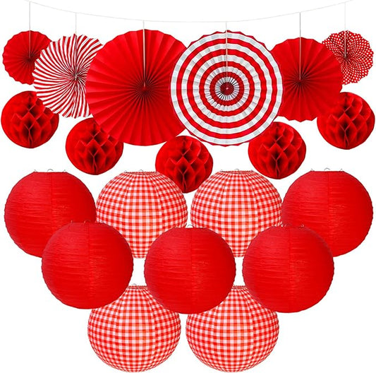20 PCS Red Party Decorations Kit,Red and White Hanging Paper Lanterns,Round Paper Fans Honeycomb Balls for Birthday Wedding Graduation Picnic BBQ Baby Shower Pizza Party Lunar New Year Home Decor