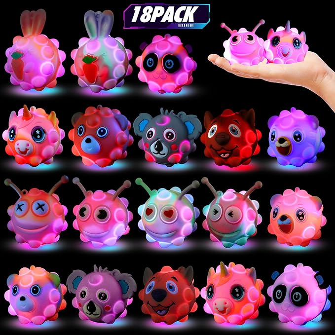 18PCS Light Up Fidget Balls Party Favors, 2 inch 3D Animal Pop Balls Fidget Toys, Party Favors for Kids 4-12, Goodie Bags Stuffers, Pinata Stuffers, Birthday Gifts, Classroom Prizes, Treasure Box Toys