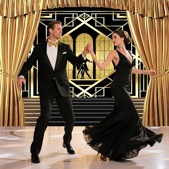10x8ft Roaring 20s Backdrop for Photography Great 1920s Retro Roaring Party Decor Photo Background Wedding Black and Gold Golden Banner Decoration Birthday Briadal Shower Photo Shoot Booth Supplies