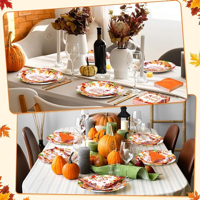 Funnymoom 200 Pcs Fall Thanksgiving Tableware Give Thanks Hello Fall Pumpkins Disposable Paper Dinner Dessert Plates Maple Leaves Napkins for Autumn Harvest Decor Birthday Holiday Party 50 Guests