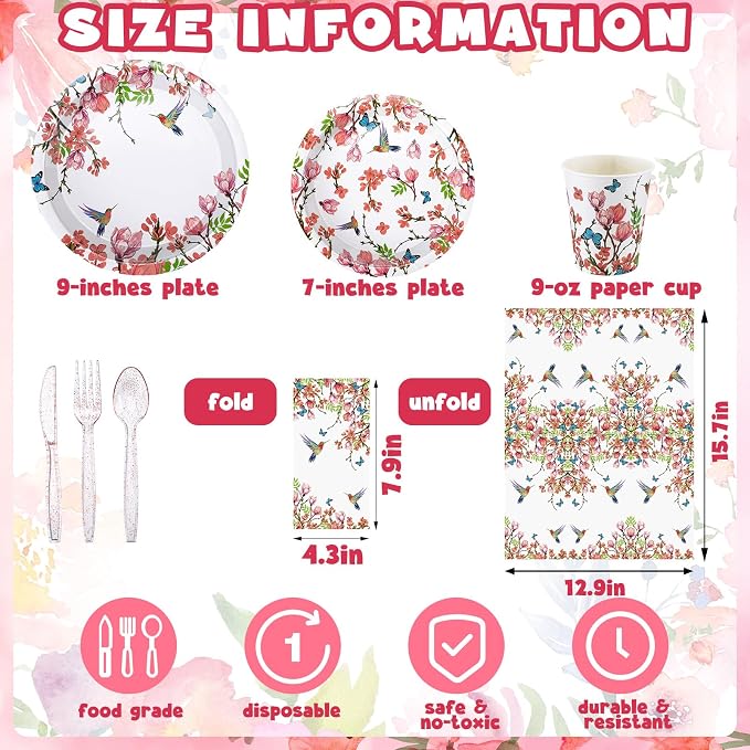 Sinmoe 400 Pcs Summer Hummingbird Floral Plates and Napkins Set Flower Dinnerware Disposable Party Supplies for 50 Guest Dinnerware Knife Fork Spoon for Summer Hummingbird Birthday Party Decoration