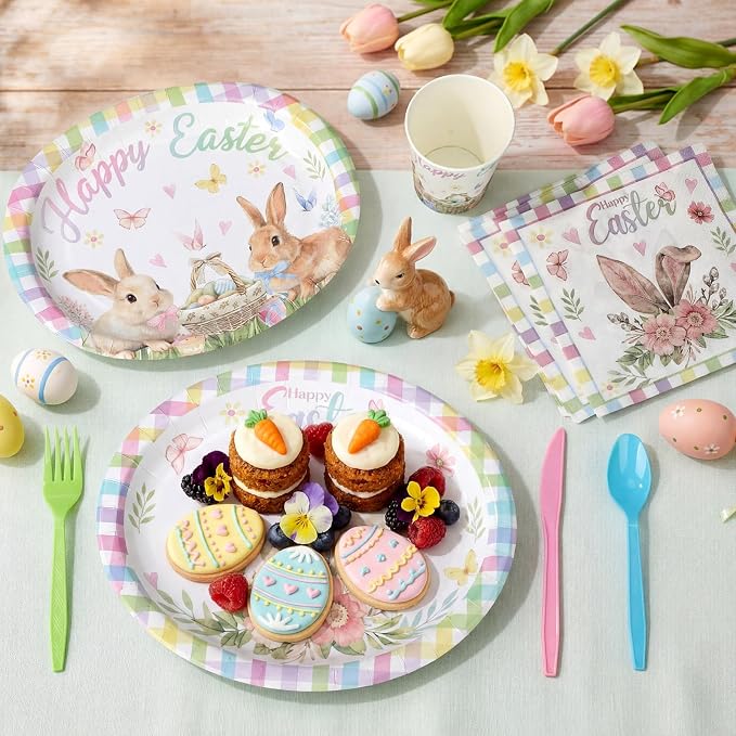 Pajean 350 Pcs Easter Plates Set Bunny Birthday Decorations with 12 Inch Disposable Pastel Easter Oval Plates and Napkins Eggs Heavy Duty Dinnerware for 50 Guests Picnic Spring Party Supplies