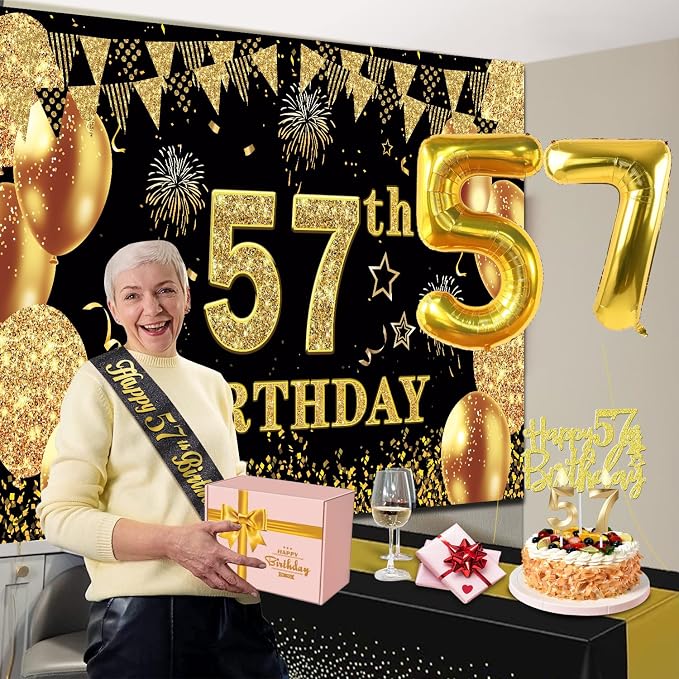 57th Birthday Decorations Men Women with 57th Birthday Banner, Black and Gold Table Cloth, Number Balloons, Sash, Cake Topper and Candles