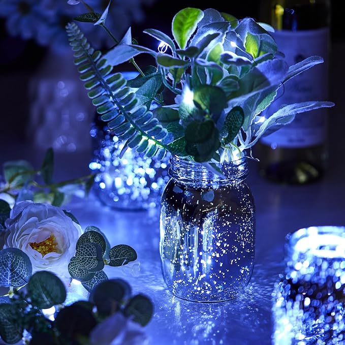 Layhit 6 Pcs Painted Mason Jars Colored Painted Mason Jars Centerpiece for Table with 6 Pcs 9.84 ft 30 LED Operated Fairy Lights for Wedding (Silver)