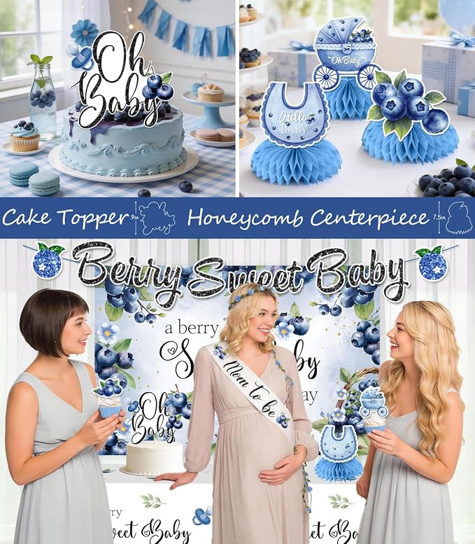 Blueberry Baby Shower Decorations, Worry-Free One-Stop Set Serves 25 Guests, with Blueberry Balloons Arch Kit, Backdrop, and Cake Toppers, Easy Setup for Berry Sweet Baby Shower Decorations