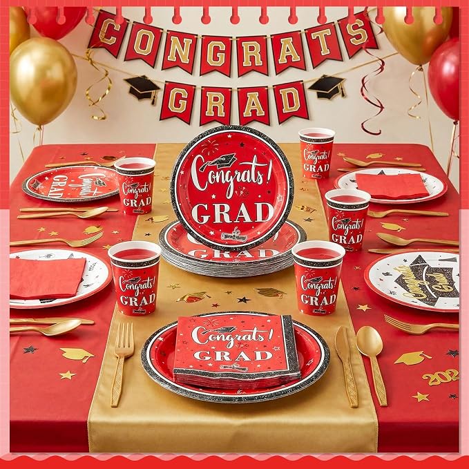 Domensi 400 Pcs 2026 Graduation Decorations Plates and Napkins and Cups Set Serve 50, Red and White Graduation Party Supplies, Class of 2026 Paper Tableware 9oz Cup Knife Fork Spoon Congrats Grad