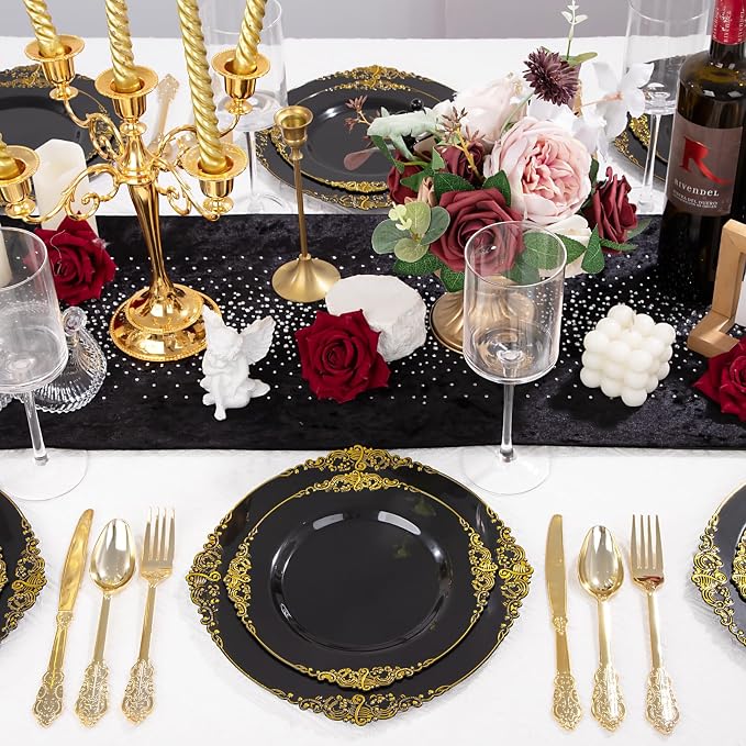 125PCS Black and Gold Plastic Plates - Black Disposable Dinnerware Set - Vintage Plastic Plates with Gold Silverware for 25 Guests for Wedding Party