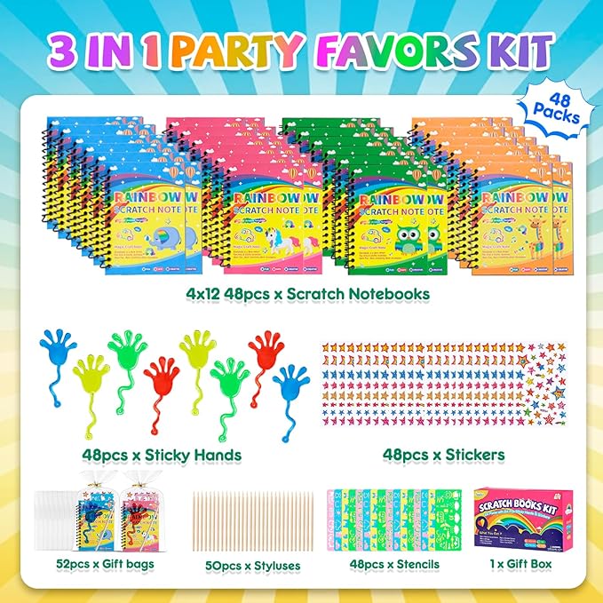 JMMICO 48*3 Packs Scratch Art Notebook+Sticky Hands+Stickers,Easter Party Favors for Kids 4-8-12,Return Gifts for Birthday Party Bulk Toys,Goodie Bags Stuffers, Classroom Prizes Students Gifts