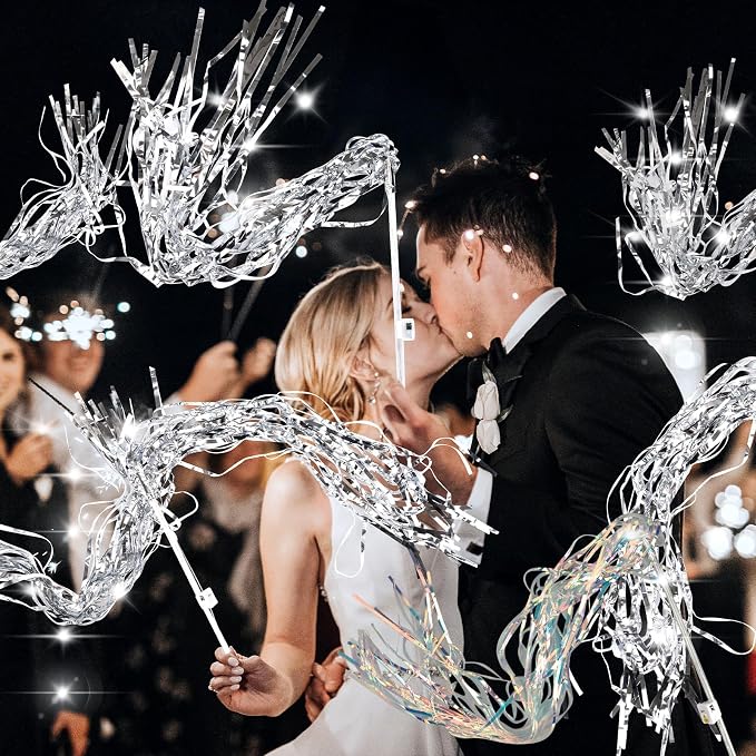 100 pcs Wedding Wands Tinsel, Light up Wand Wedding with LED, Wedding Wand with Light for Wedding Send off, Ideal Props for Weddings, Birthday Parties, Christmas Cheerleading Games (Silver)
