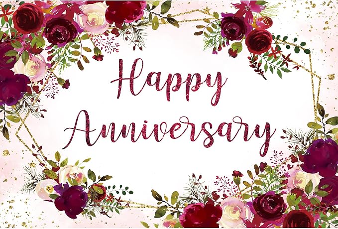 Happy Anniversary Backdrop 5Wx3H Feet Polyester Fabric Elegant Burgundy Flower Rose Floral Plant Botanical Decoration Green Leaves Gold Glitter Photography Background Photo Shoot Props