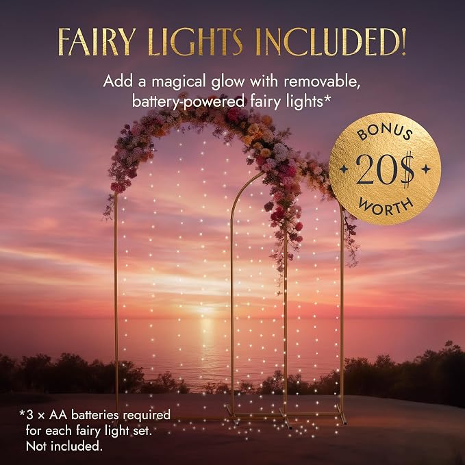 Gold Metal Arch Backdrop Stand for Wedding & Birthday Party Decorations, Foldable Balloon Arch Frame with Easy Assembly, Photo Booth Backdrop Décor with Fairy Lights Options