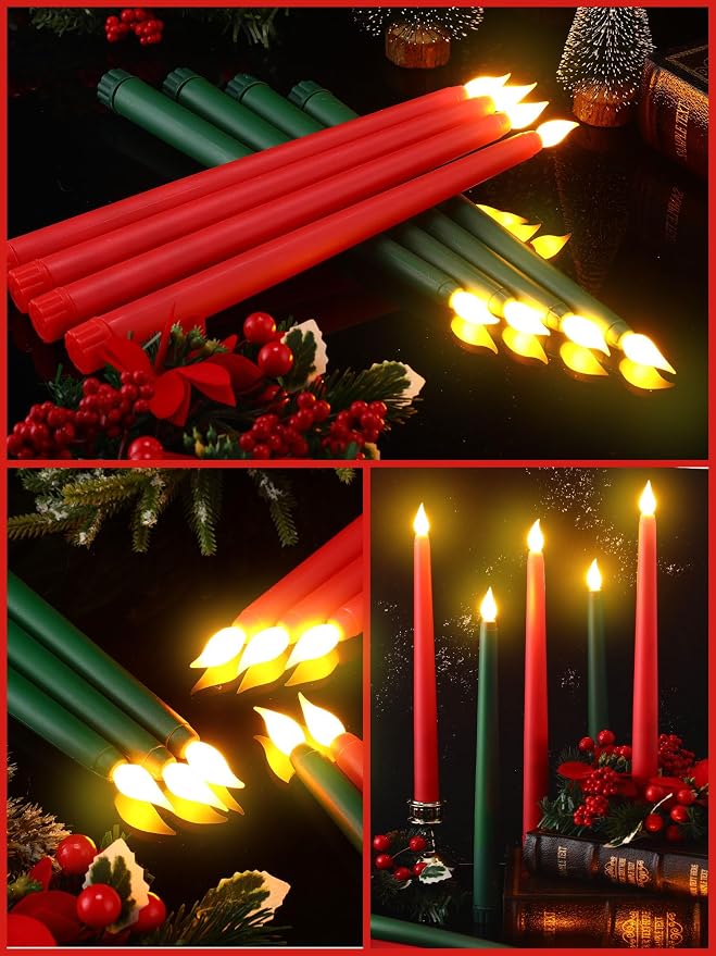 Funtery 48 Pcs Flameless LED Taper Candles Battery Operated Candles Bulk Realistic LED Candlesticks Flickering for Wedding Church Party Home Decor(Red, Green,11 Inch,Classic Style)
