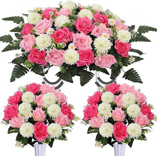 Lodou 3Pack Cemetery Decorations for Grave Large Headstone Flower Saddle Artificial Rose Bouquets with Vases for Outdoor Grave Headstone Decorations(Pink)