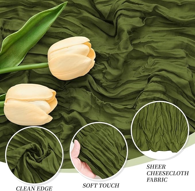 18 Pack Olive Green Cheesecloth Table Runner 21.5x120 Inch,Semi Sheer Boho Gauze Cheese Cloth Fabric Table Runners 10 FT Long for Wedding Party Baby Shower Birthday Home Decor