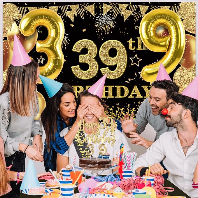 39th Birthday Decorations Men Women with 39th Birthday Banner, Black and Gold Table Cloth, Number Balloons, Large Sash, Cake Topper and Candles