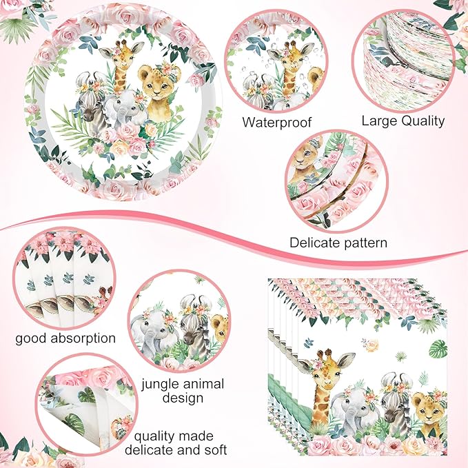 Funnymoom 452 Pcs Safari Birthday Party Supplies Include Jungle Theme Paper Plates Napkins Cups Tablecloth Cutlery Straws for Animal Safari Jungle Wild Birthday Baby Shower Party Decorations