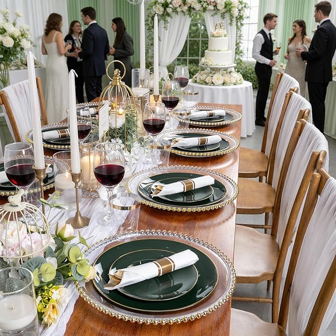 KIRE 175PCS Green Plastic Plates with Gold Rim - Heavy Duty Green Plates Disposable Include 50 Fancy Plastic Plate, 25Pre Rolled Napkins 25 Cups For Party/Wedding/Spring