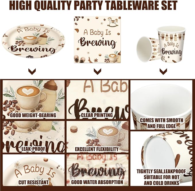 Hushee 200 Pcs a Baby Is Brewing Baby Shower Paper Plates Cups Napkins Coffee Party Supplies Tableware Set Decorative Disposable Cup Napkin for 50 Guest Party Decoration