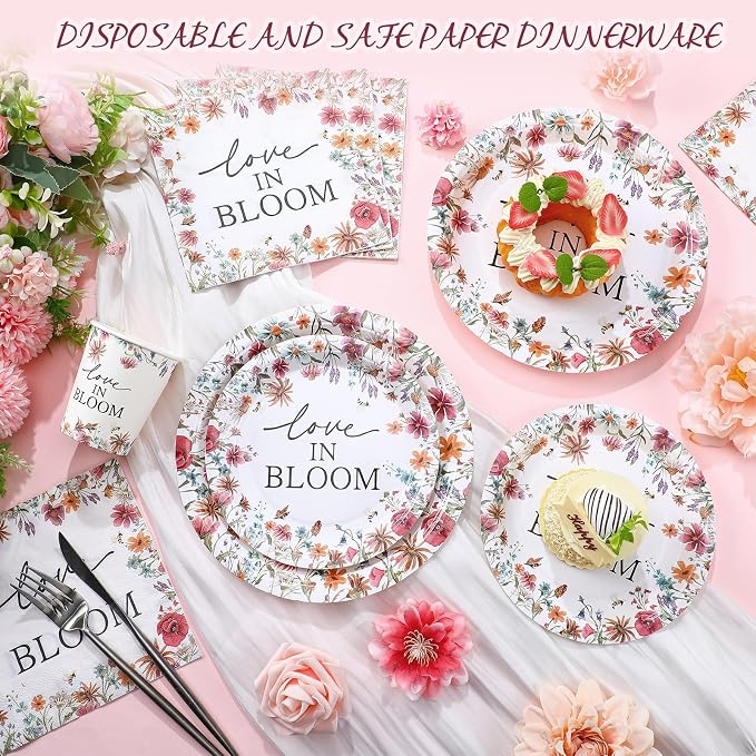 Zhehao 250 Pcs Love in Bloom Bridal Shower Plates Napkins Sets 50 Pcs 9'' Floral Dinner Plates 50 7'' Dessert Plate and 9oz Cups 100 Napkins Wedding Engagement Party Supplies Bridal Shower Decoration