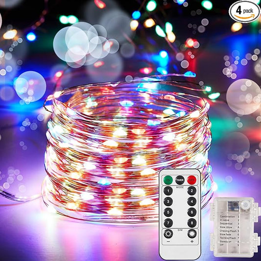 Ariceleo 4 Pack 32.8 Ft. Battery Operated Outdoor String Lights with Remote & Timer, LED Multi Color Fairy Lights, Waterproof Twinkle Lights for Bedroom, Dorm, Mason Jar, Wedding, Party, Christmas