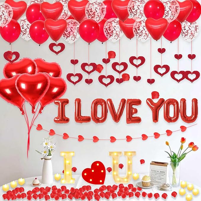 I LOVE YOU Light Up Letter Sign Decor 2 Set Red I LOVE YOU Balloons - 3100pcs Red Artificial Rose Petals 48pcs Flameless LED Candle Tealight Heart Foil Latex balloons Hanging Swirls Valentine's Day