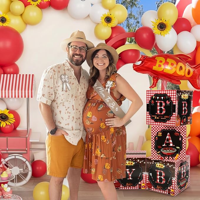 AmazingSpark 4 Pcs BBQ Baby Shower Boxes with Letters BBQ Candy Box Decor with Letters Blocks Newborn Birthday Shower Centerpiece for Party Backdrop