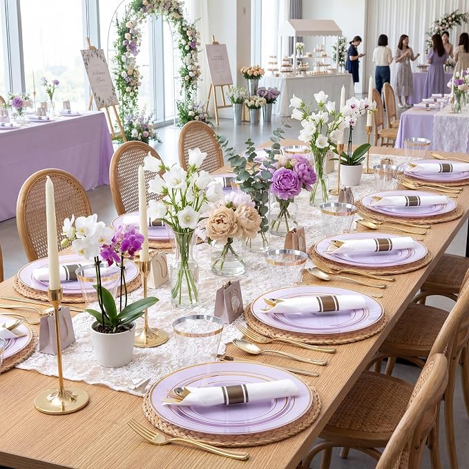 WDF Partyware 175PCS Purple Plates Disposable - Lavender Plastic Plates 25Guests Plastic Dinnerware with Rolled Napkins for Birthday/Spring/Baby Shower/Birthday