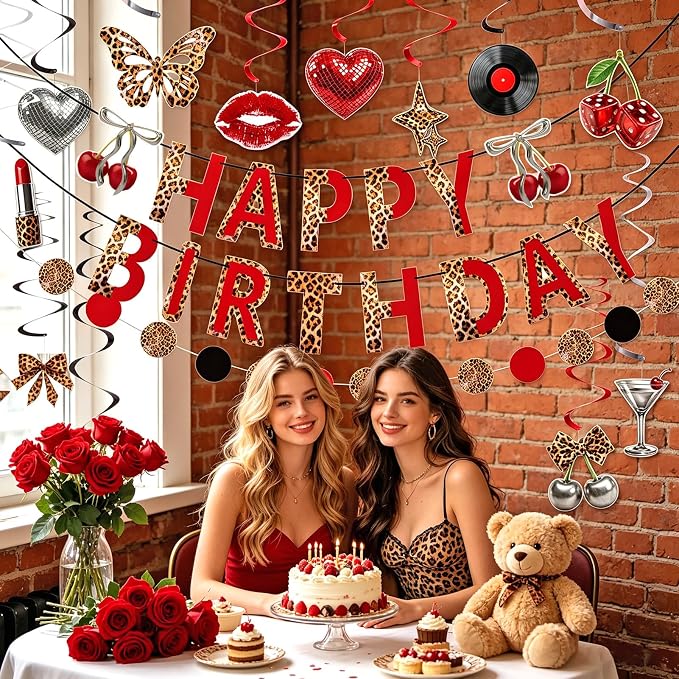 SUNBEAUTY Cheetah Birthday Party Decorations Cherry Cheetah Print Banner Leopard Hanging Swirls with Red and Black Cheetah Party Garland Foil Swirls Ceiling Safari Animal Birthday Party Decorations for Women Girls