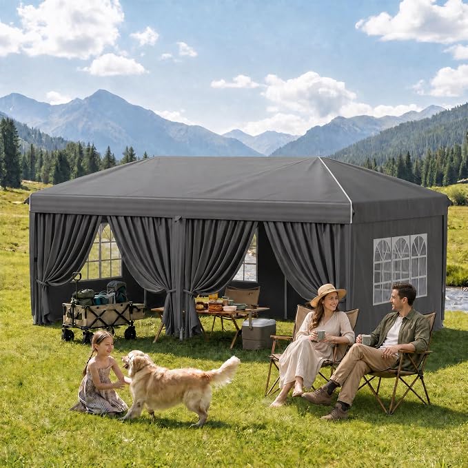 10x20 FT Portable Pop Up Canopy Tent, Adjustable Height Instant Gazebo with Sidewalls, Sandbags,Outdoor Canopy for Camping, Parties, Vendor Events (Grey with Reflective Strip, 3m × 6m with sidewalls)
