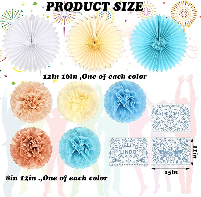 18 Pcs Cielito Lindo Party Decoration Cielito Lindo Decorations Hanging Paper Fans Pom Poms and Paper Banner for Bridal Shower, Fiesta, Engagement, Mexican Baby Shower(Blue)