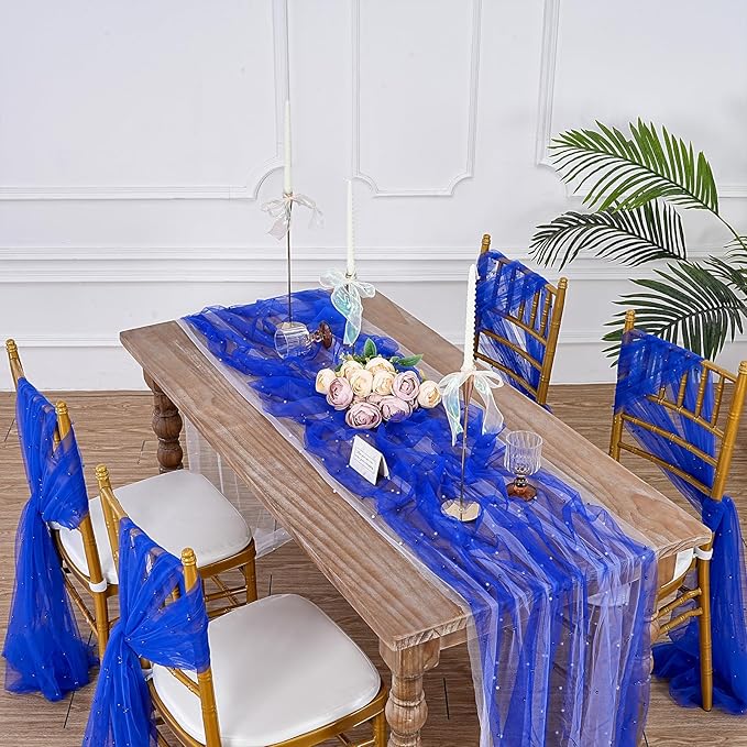 LuoluoHouse Pearl Tulle Table Runner Fabric: Dark Blue 10ft Wedding Veil Seasonal Dessert Chiffon Pearl Lace Boho Overlay Independence Day Wedding Aisle Runner Party Decorations Doilies