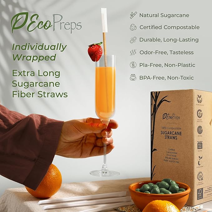 EcoPreps 10” Disposable Sugarcane Straws, Extra-Long Individually Wrapped Straw | 300 Count, 100% Compostable, Plastic Free, Eco-Friendly Drinking Straw | 10-Inch Long Sugar Fiber Disposable Straws