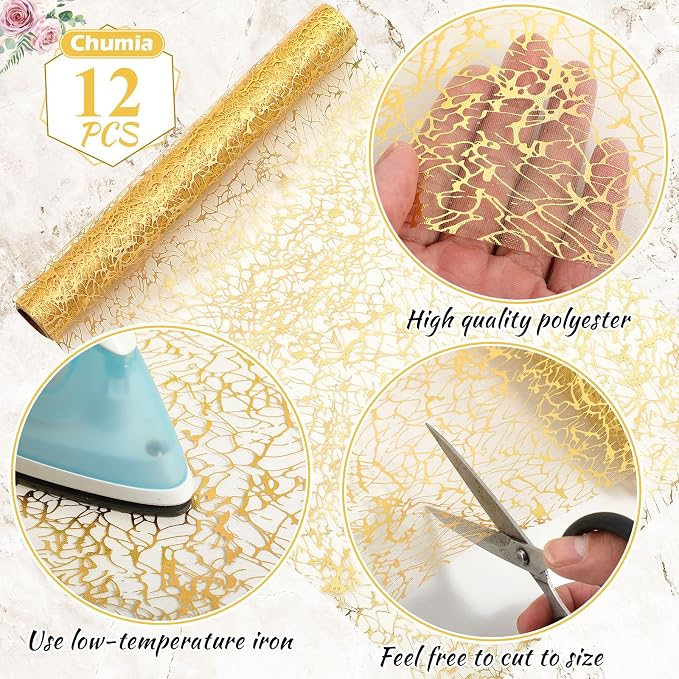 Chumia 12 Pieces Gold Table Runner 11 x 108 Inch Sequin Glitter Table Runner Roll Metallic Thin Mesh Fabric Decor for Party Wedding Shower Birthday Baby Shower Party Supplies