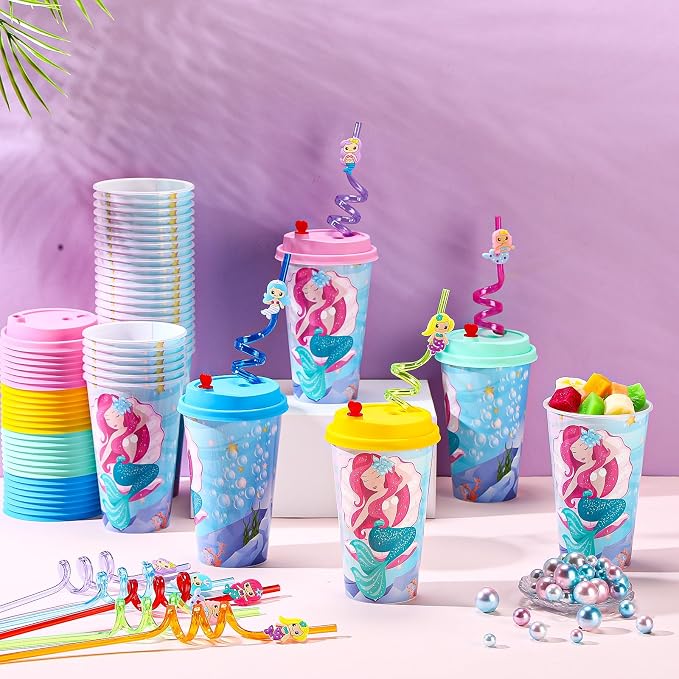 Maxcheck 36 Sets 16 oz Mermaid Party Favors Goodie Cups with Colorful Lids and Straws for Birthday Decorations Reusable Plastic Candy Cups Bulk Plastic Straws for Birthday Party Celebration Gifts