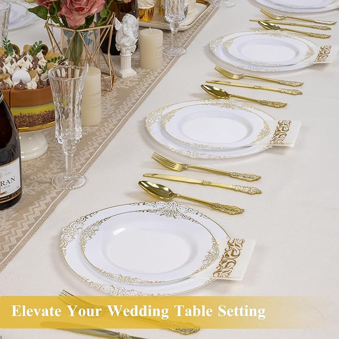 Goodluck 100PCS White and Gold Plastic Plates – 10.25” Heavy Duty Disposable Dinner Plates & Party Plates for Weddings, Parties, Events – Elegant, Sturdy