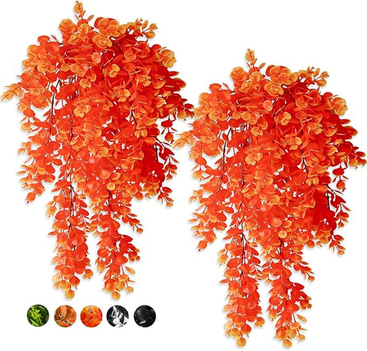 Lakiyfye Vine Plant Fake 4 Pcs Ferns Artificial Plants Large Faux Hanging Plant Artificial Hanging Plants Wall Plants Fake Ivy Room Decor Home Garden Wedding Party Indoor Outdoor Decorations(Orange)