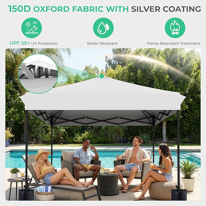 JEAREY 10x10 ft Pop Up Canopy Tent, Heavy Duty Outdoor Canopy with 1-Push Instant Setup, Commercial Tent with Roller Bag, 4 Sandbags and 8 Stakes, Water-Resistant, White
