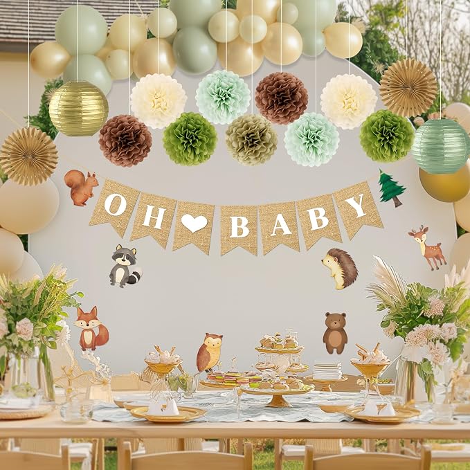 Kriyokiaa Woodland Baby Shower Decorations 15 Pcs Baby Shower Decorations with Oh Baby Banners Paper Lantern Paper Flower Pom Poms
