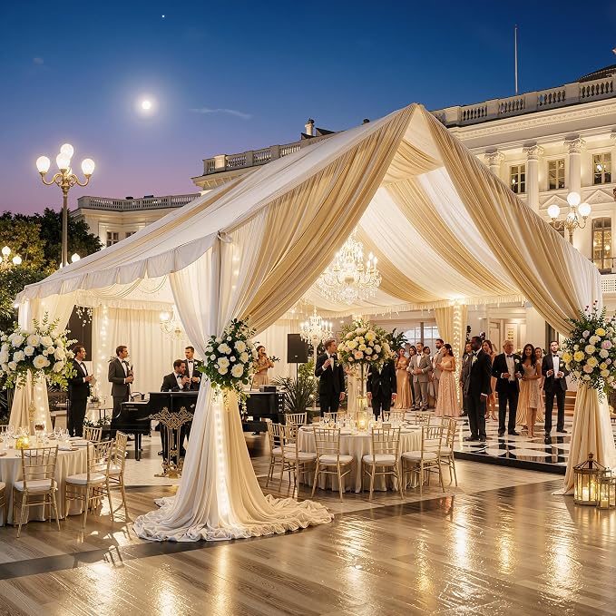 Outpain 50ftx20ft Beige Backdrop Ceiling Drapes,10Panels 20ft Height Wrinkle Free Tent Draping Curtains, Fabric Drapery Ceiling Drapes for Wedding Ceremony Birthday Theme Parties with Rod Pocket