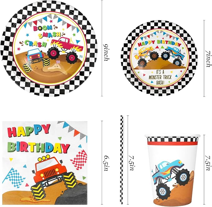 Recheel Monster Truck Party Supplies Decorations, Kids Birthday Paper Plates and Napkins Set with Cups and Straws for 24 Guests, 120 Pcs Disposable Party Dessert Dinnerwares