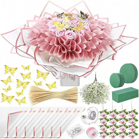 Marspark Graduation Money Bouquet Flower Kit Gift Included 20 Sheet Flower Wrapping Paper 36 Fake Flowers 100 Bamboo Skewer Floral Foam Block for Mother's Day Anniversary Wedding(Pink,Classic)