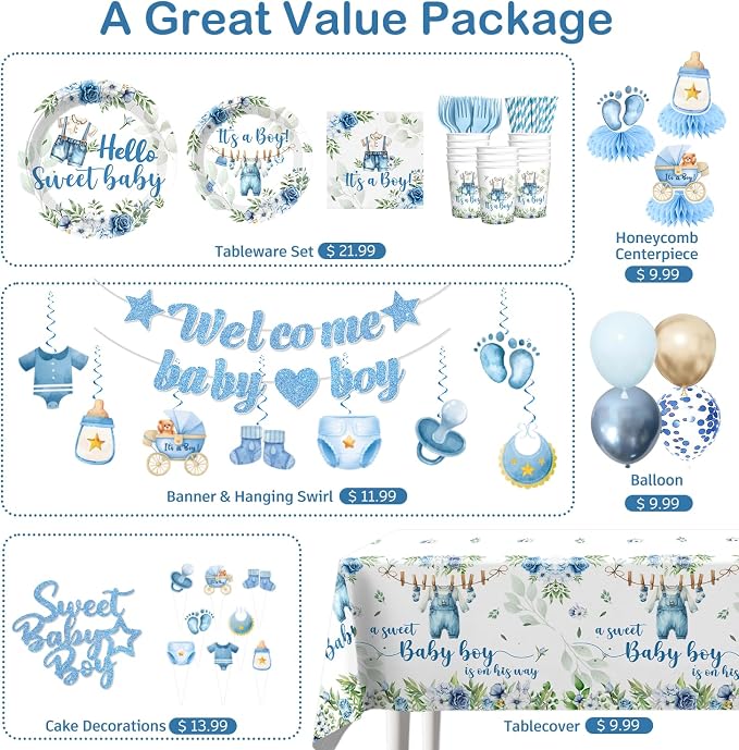 cocomigo 213PCS Blue Baby Boy Shower Decorations Tableware Set, 25 Serves Disposable Plates and Napkins Set, with Cake Topper, Centerpieces, Banner, Tablecloth, for Baby Boy Baby Shower Decorations