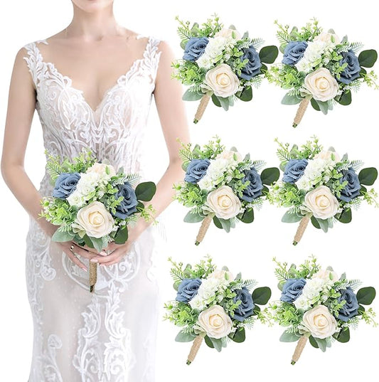 Wedding Bridesmaids Bouquets Set of 6 - Artificial Bridesmaid Rose Bouquet Handmade Maid of Honor Flowers Small Floral Centerpiece for Marriage Proposal Party Anniversary Table Decor -7 inch