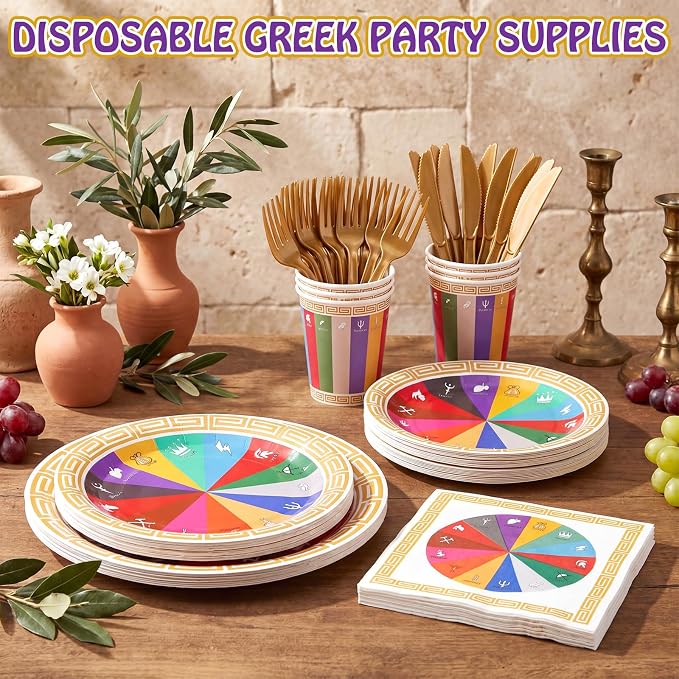 FoldTier 350 Pcs Greek Mythology Party Supplies Greek God Disposable Plates Napkins Cups Tableware Set, Ancient Greeks Themed Party Decorations for Camp Half Blood Birthday, Serves 50