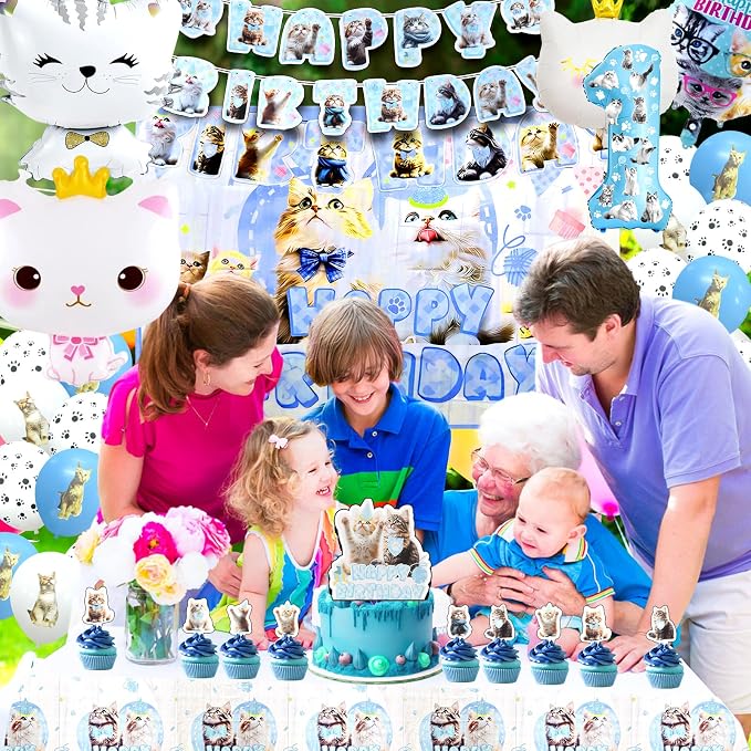 142Pcs Cat Birthday Decorations,Cat 1st Birthday Party Supplies, Cat Birthday Party Decorations Include Plates Cups Napkins Tablecloth Balloons Cake Toppers for 10 Guests