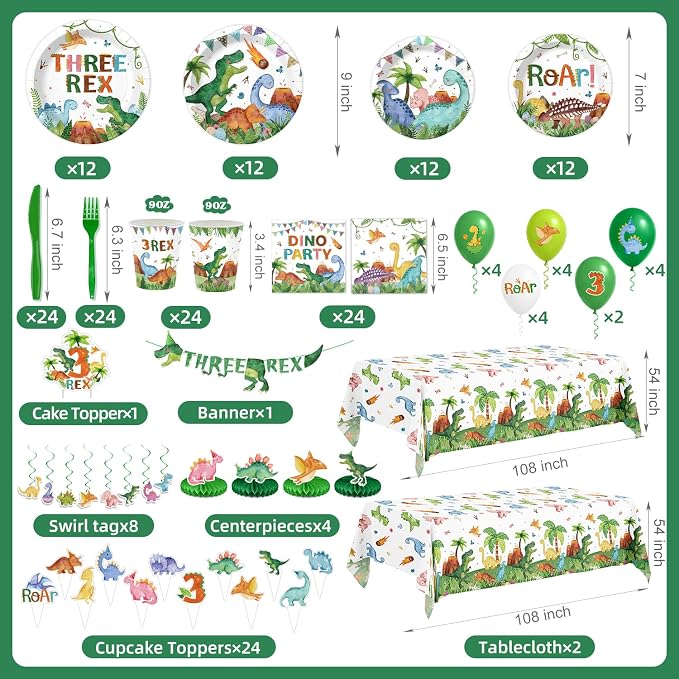 210 Pcs 3rd Dinosaur Birthday Party Decorations 24 Guests ，Three-Rex T-Rex Rawr Dino Party Supplies with Banner Hanging Plates Napkins Cups Forks Knives Tablecloth Topper Balloons for Boy Party